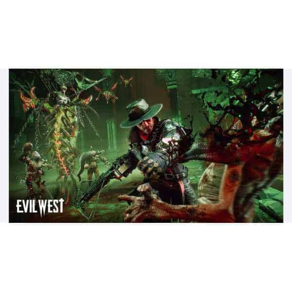 Intense scene from Evil West showing hero battling vampire enemies with a gun.
