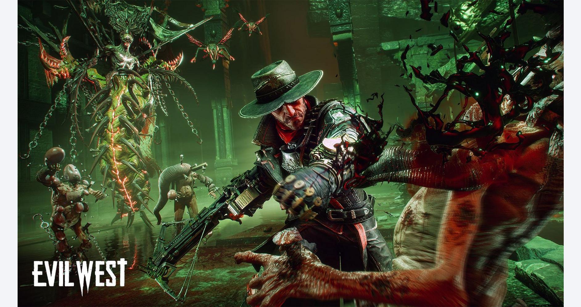 Intense scene from Evil West showing hero battling vampire enemies with a gun.