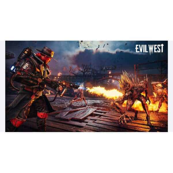 Intense action scene from Evil West with a cowboy fighting a monstrous creature.