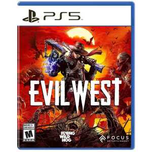 Evil West PS5 game cover featuring a cowboy fighting monsters in a dark, fiery landscape.