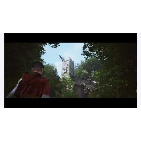 Ancient tower surrounded by lush greenery, with a young person observing the scene.
