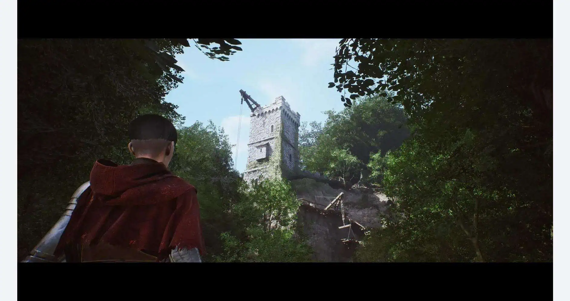 Ancient tower surrounded by lush greenery, with a young person observing the scene.