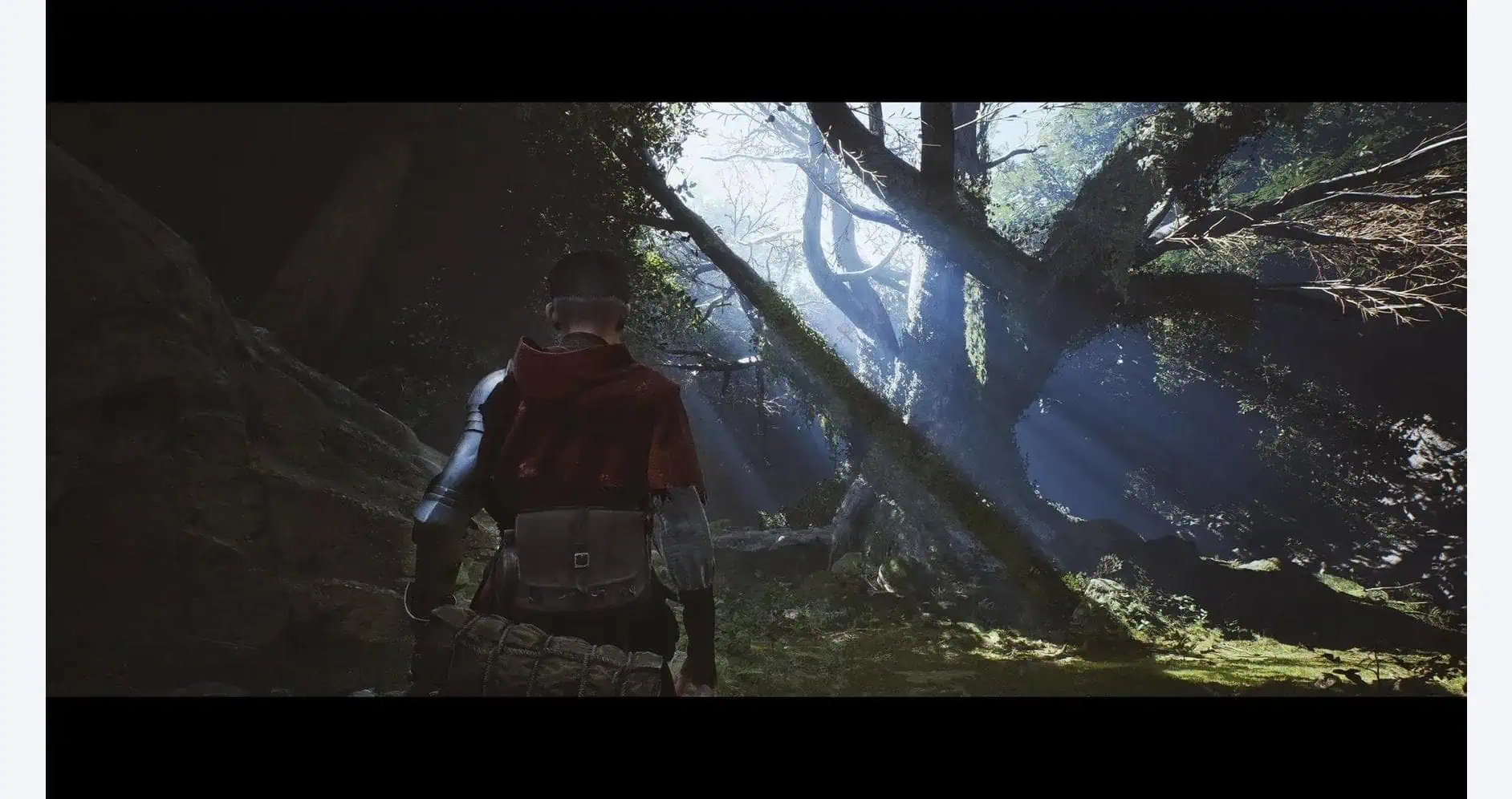 Ex Voto scene from Gameware, featuring a character in a forest setting with sunlight filtering throu.