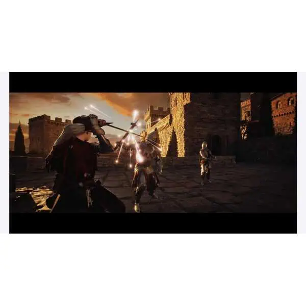 Medieval warriors clash with swords and shields at sunset.