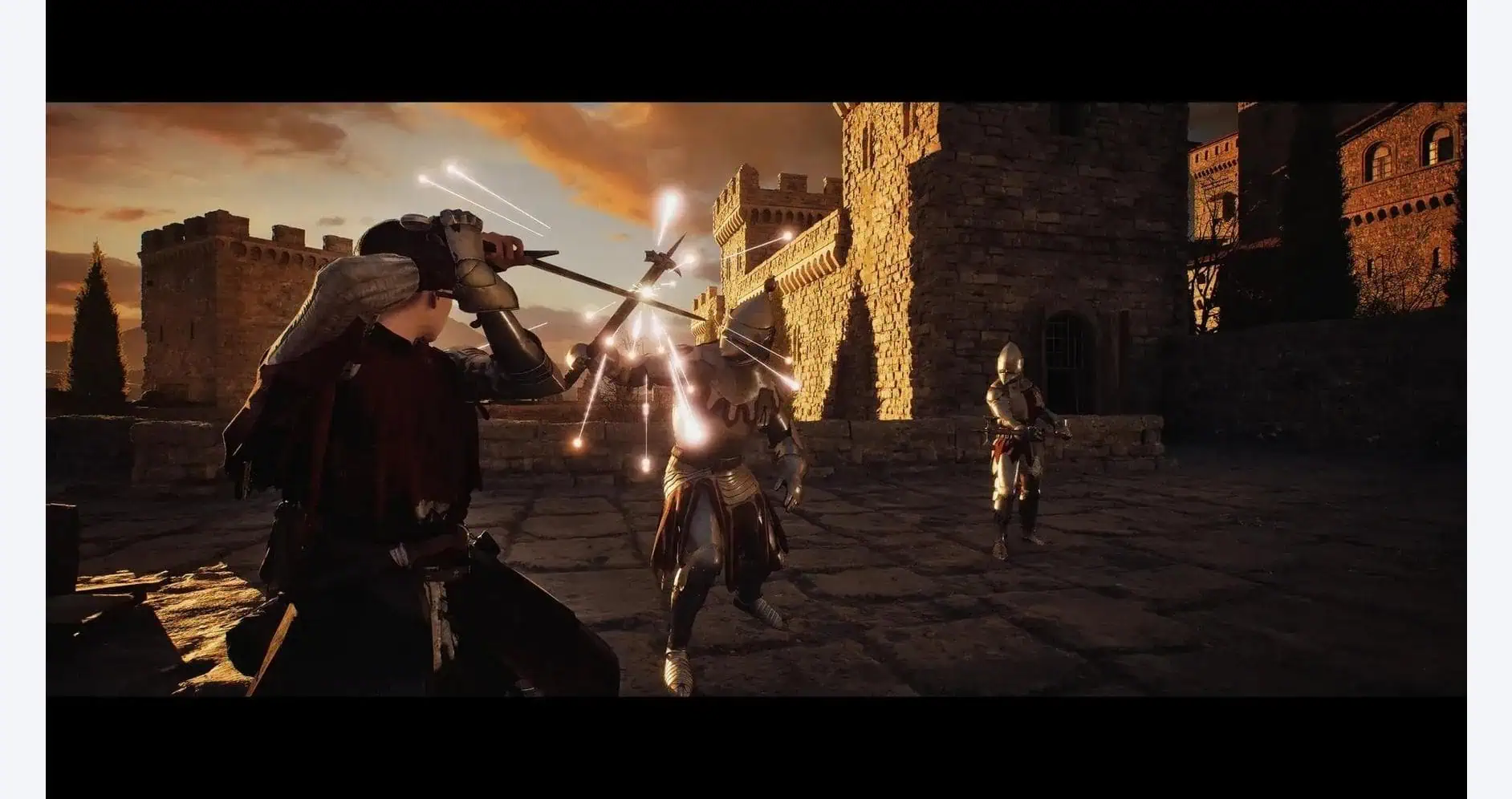 Medieval warriors clash with swords and shields at sunset.