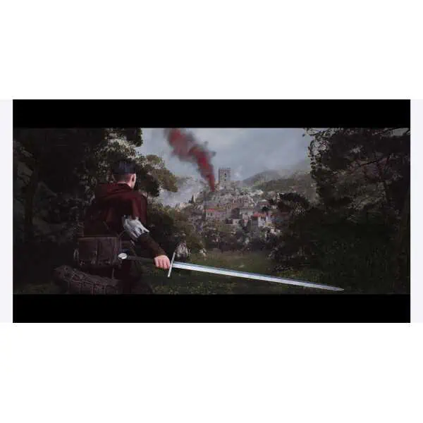 A knight with a sword overlooking a burning medieval town, emphasizing historical and fantasy gaming.