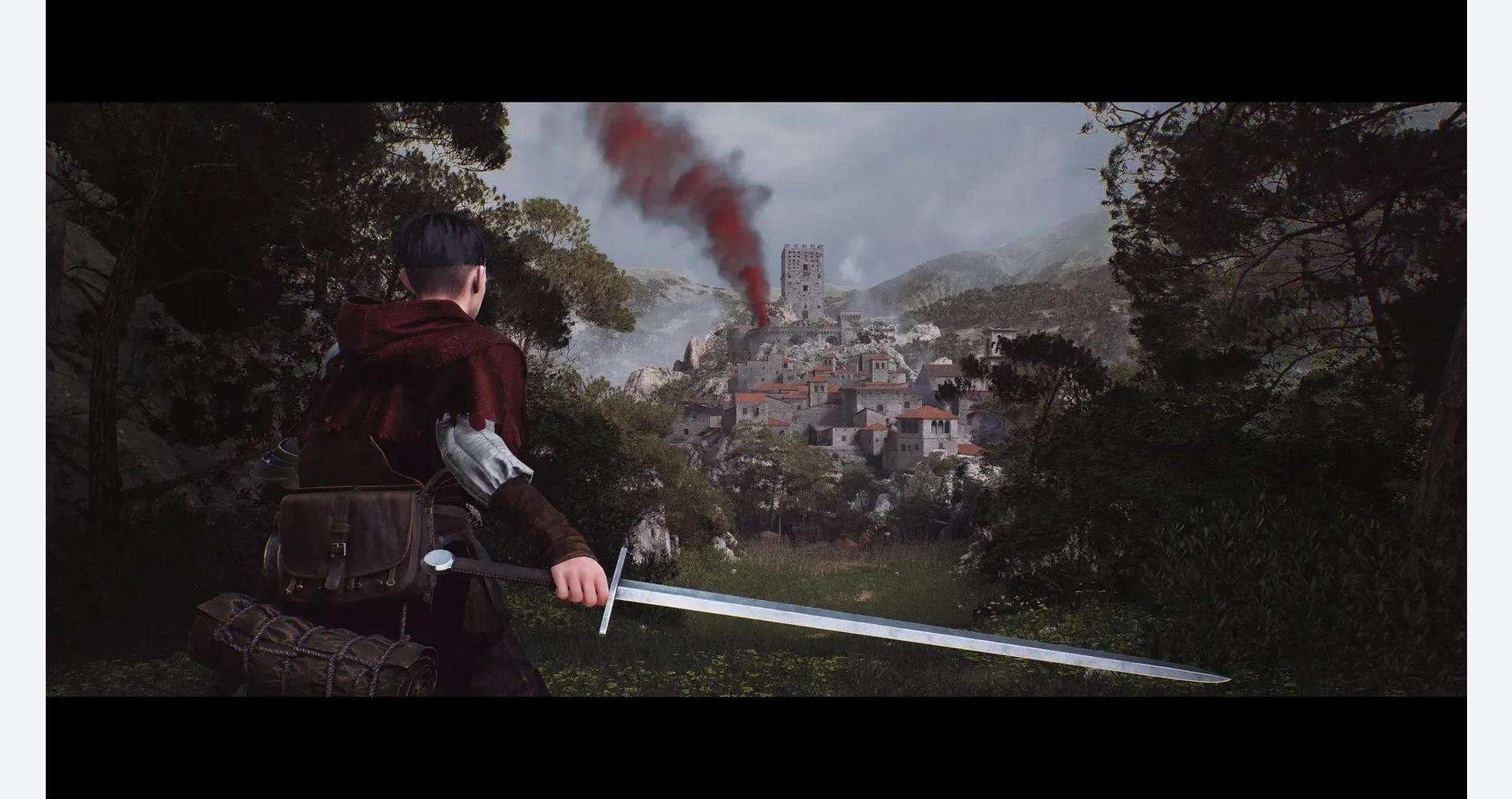 A knight with a sword overlooking a burning medieval town, emphasizing historical and fantasy gaming.
