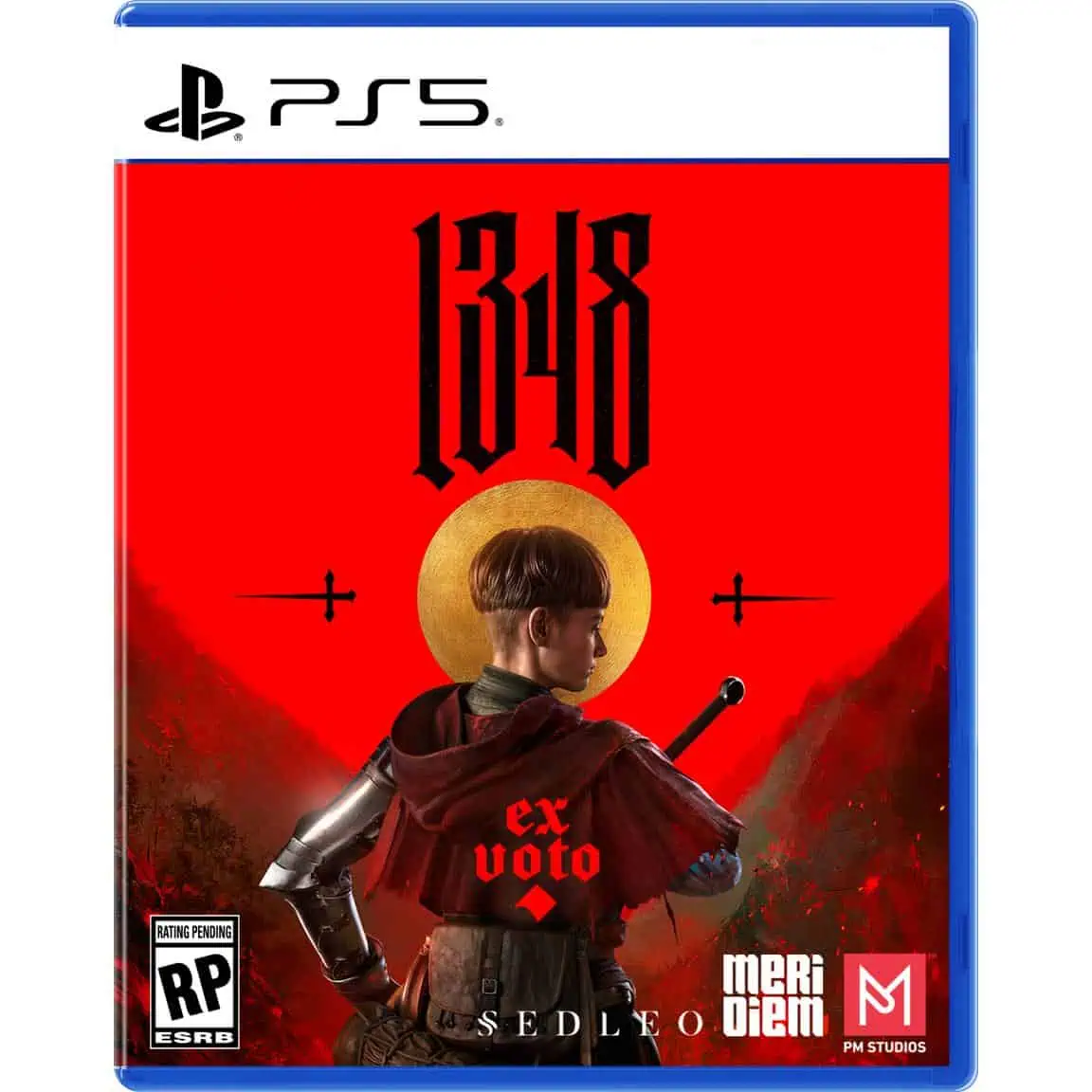 Ex Voto 1348 game cover with a young girl in a red cloak and sword, set against a red background.