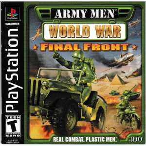 Army Men World War Final Front PlayStation game cover with soldiers and tanks.