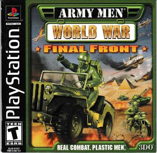 Army Men World War Final Front PlayStation game cover with soldiers and tanks.