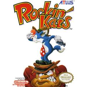 Rockin' Kats video game cover featuring anthropomorphic cat with a gun and a villainous character.