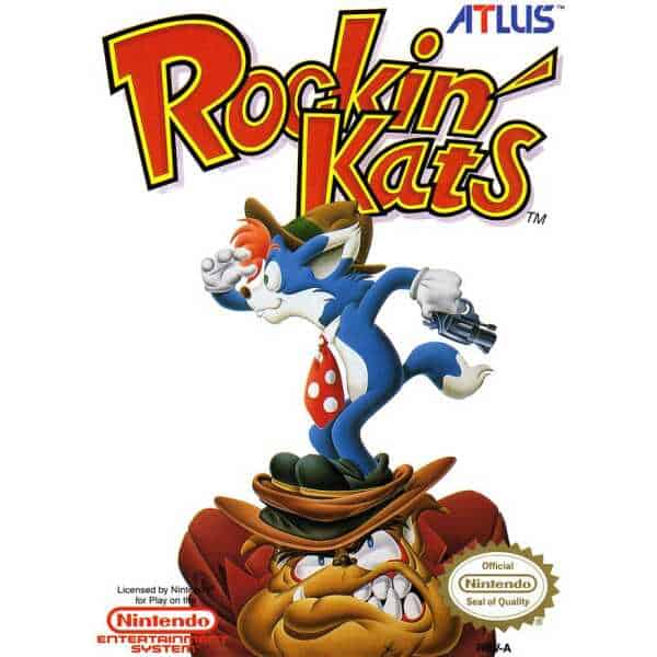Rockin' Kats video game cover featuring anthropomorphic cat with a gun and a villainous character.
