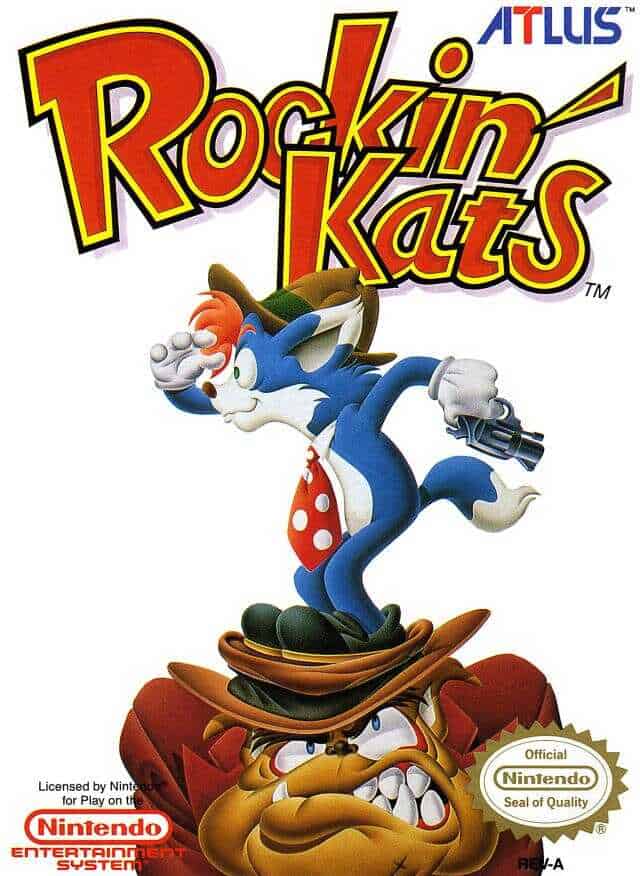Rockin' Kats video game cover featuring anthropomorphic cat with a gun and a villainous character.