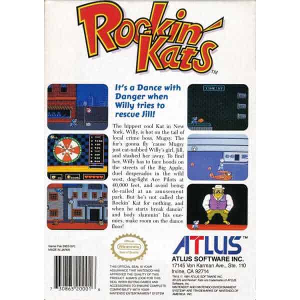 Rockin' Kats video game cover with gameplay screenshot and character art.