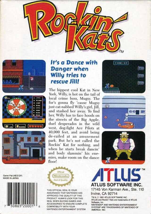 Rockin' Kats video game cover with gameplay screenshot and character art.