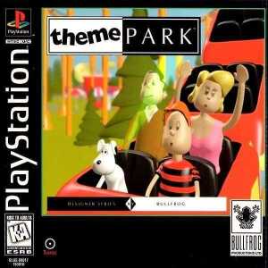 Theme Park PlayStation game cover with cartoon characters on roller coaster.
