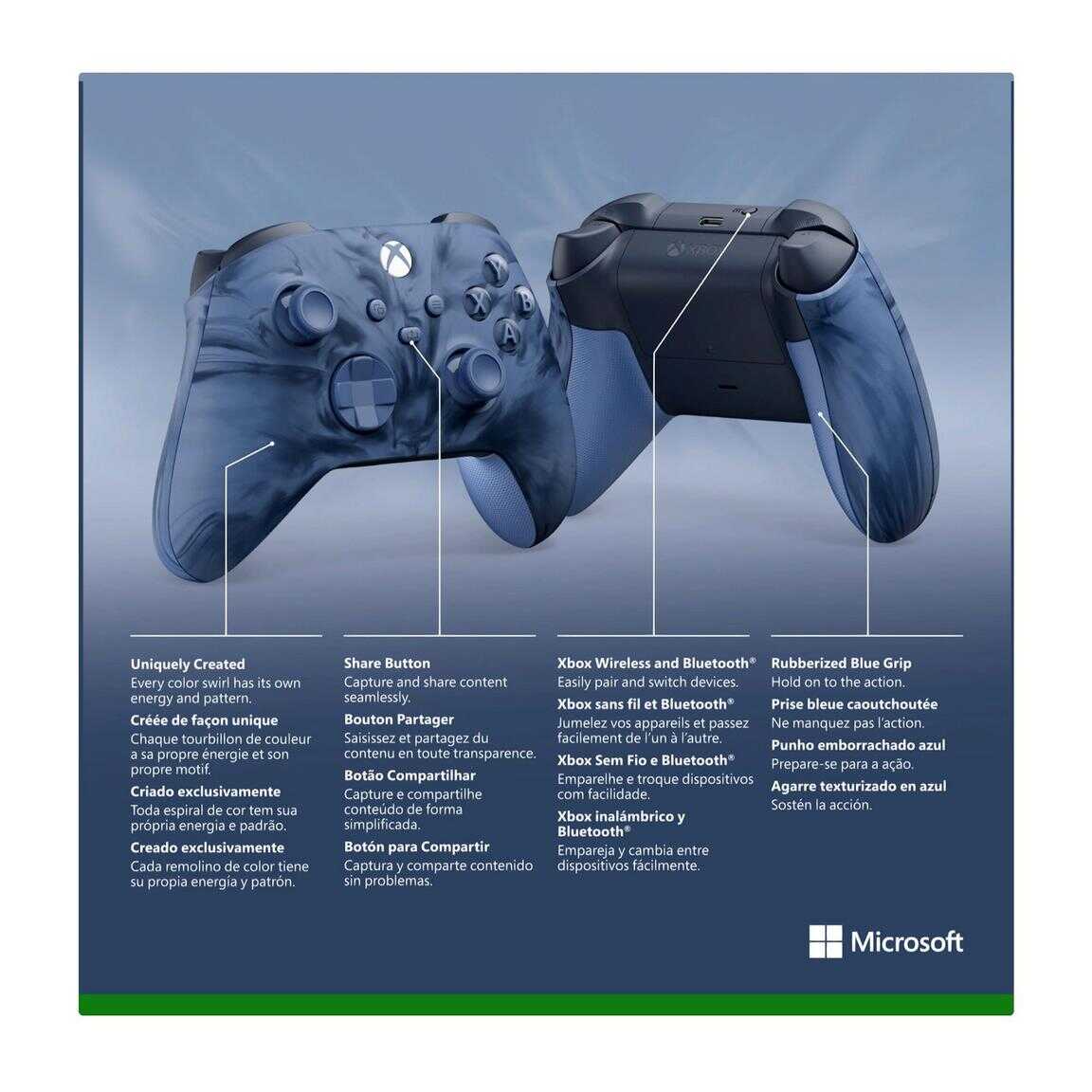 Stormcloud Vapor Xbox Series X wireless controller with blue grip and buttons.