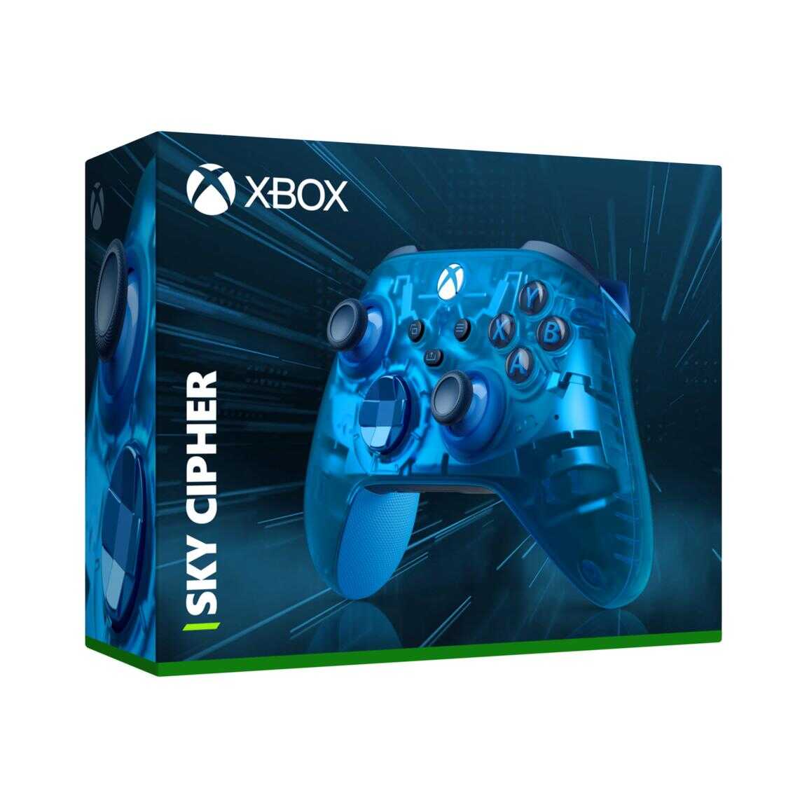 Sky Cipher Xbox Series X wireless controller with blue design.