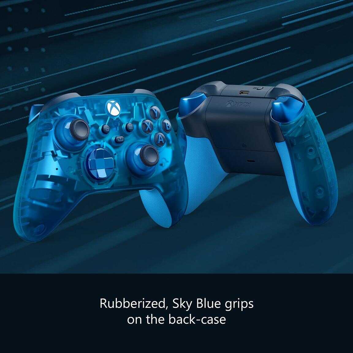 Sky Blue Xbox Series X controller with rubberized grips and transparent back.