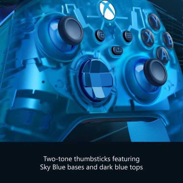 Xbox Series X wireless controller with Sky Blue and dark blue design.