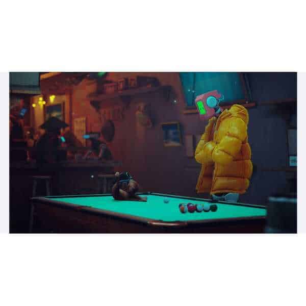 Person in yellow jacket playing pool in arcade with neon lighting.