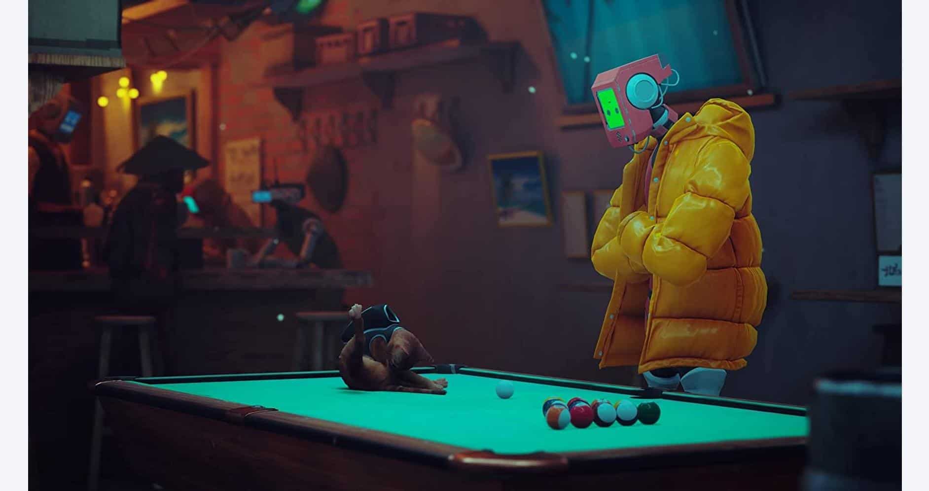 Person in yellow jacket playing pool in arcade with neon lighting.