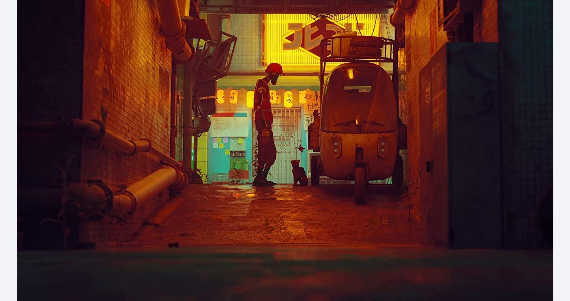 Urban alley with neon signs and a person standing under colorful lights.