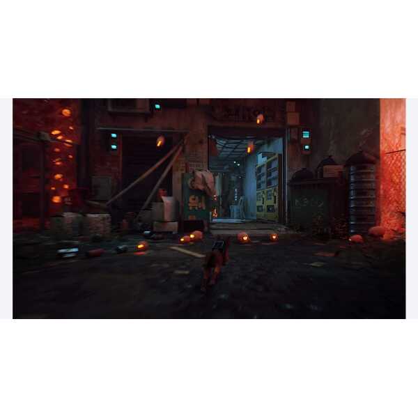 Cyberpunk alley with neon lights, trash bins, and a small dog in a futuristic urban setting.