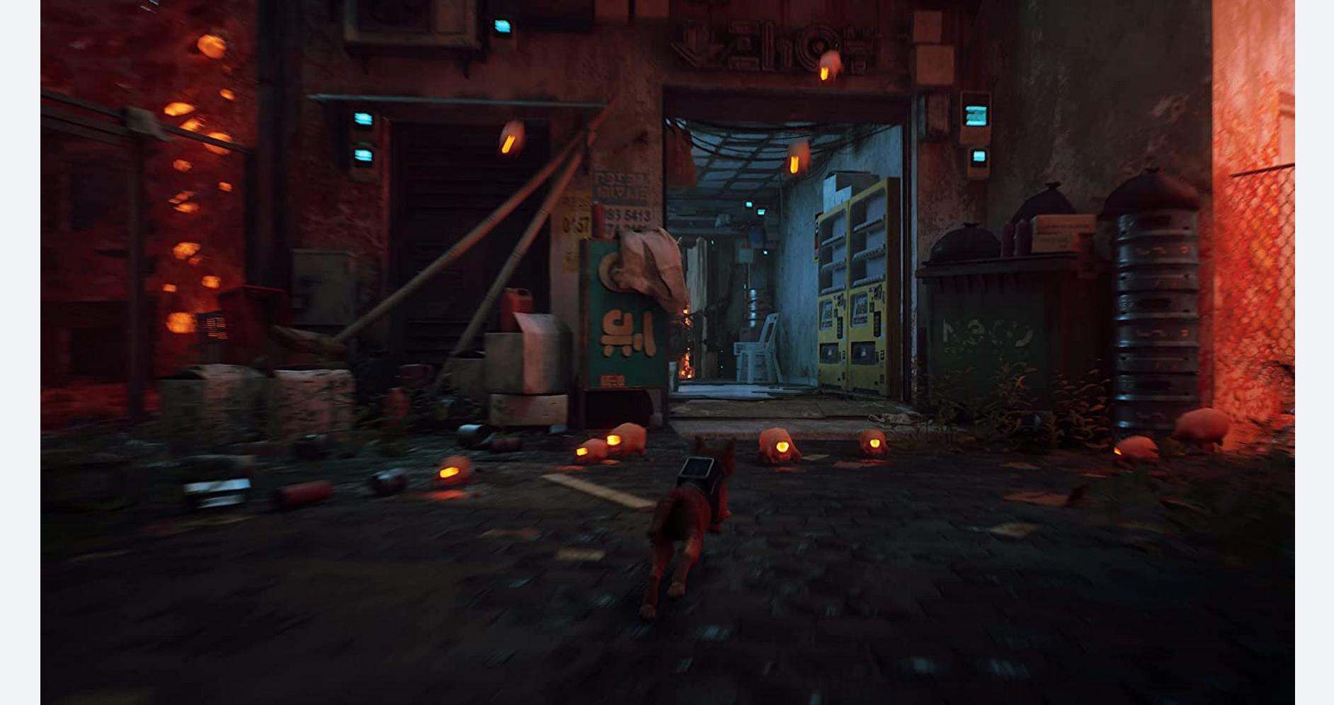 Cyberpunk alley with neon lights, trash bins, and a small dog in a futuristic urban setting.
