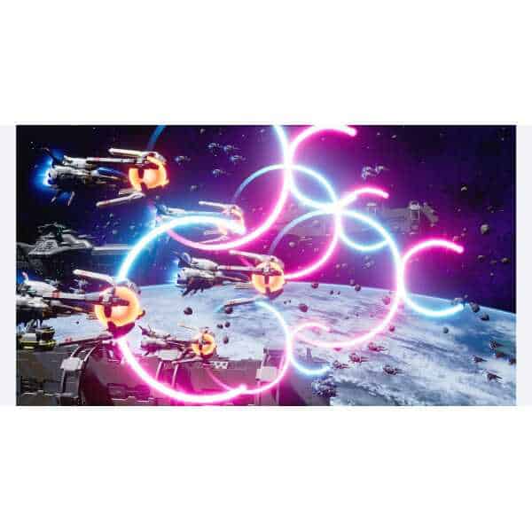 Spaceships engaging in space battle with colorful energy trails, set against Earth’s view from space.