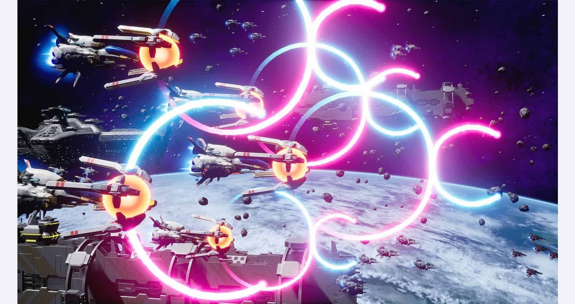 Spaceships engaging in space battle with colorful energy trails, set against Earth’s view from space.