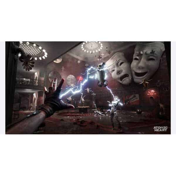 Intense scene from Atomic Heart: Ultimate Edition game with lightning and robots.