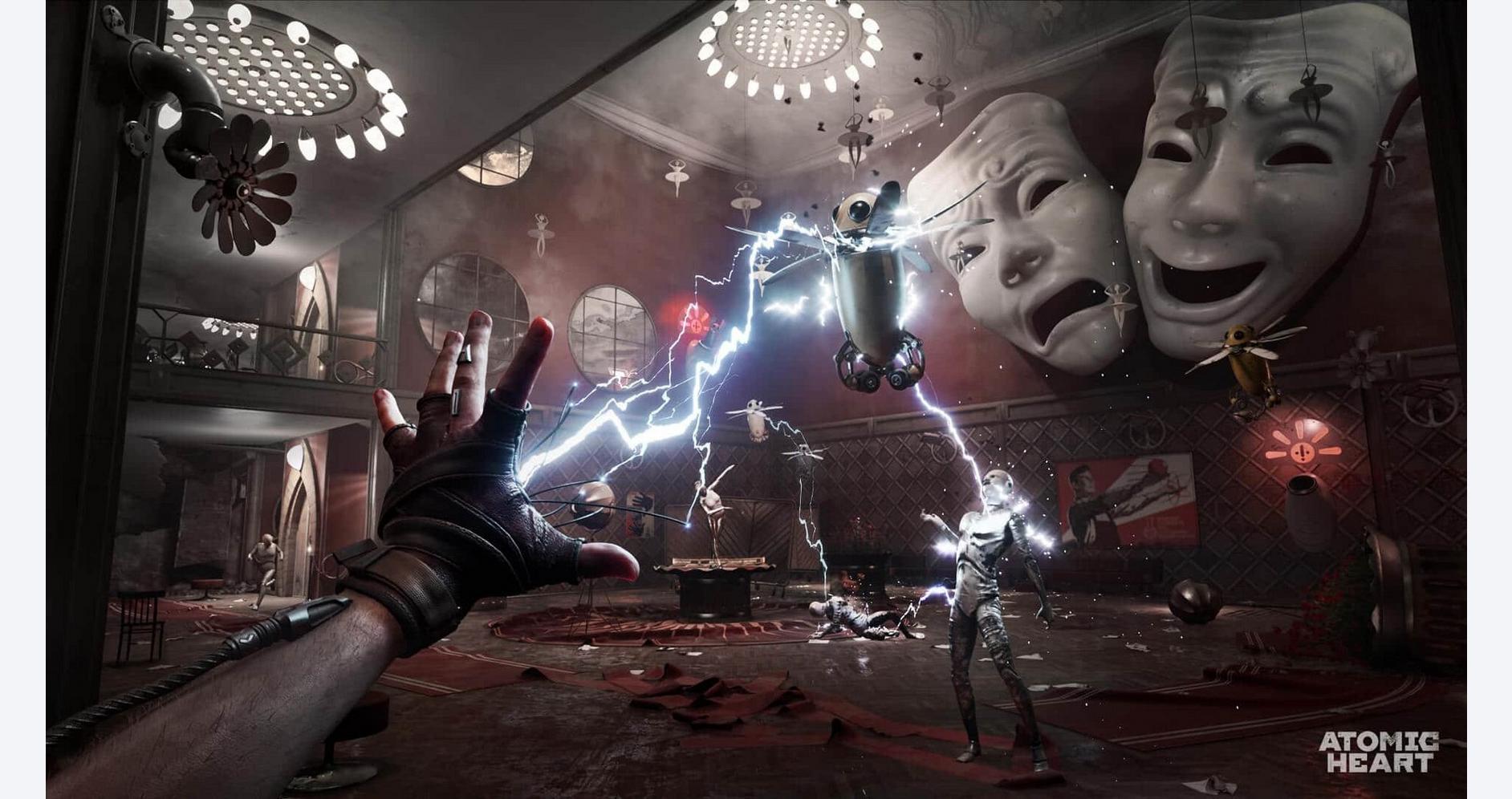 Intense scene from Atomic Heart: Ultimate Edition game with lightning and robots.