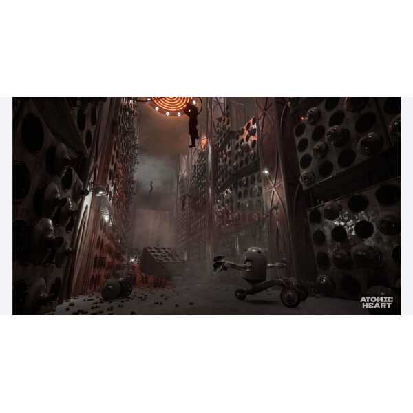 Futuristic game store with robotic toys and sci-fi decor for Atomic Heart.