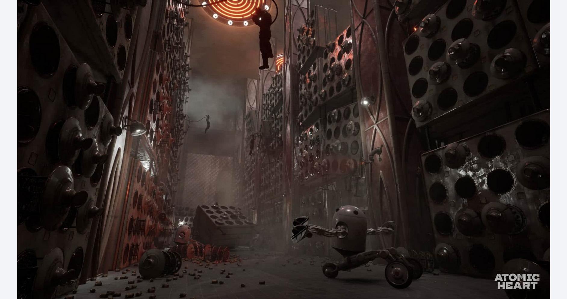 Futuristic game store with robotic toys and sci-fi decor for Atomic Heart.