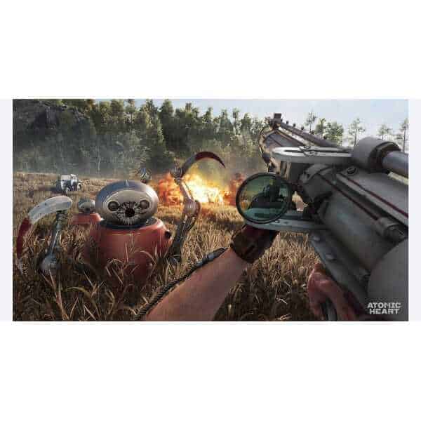 Robotic combat scene from Atomic Heart: Ultimate Edition with explosion in background.