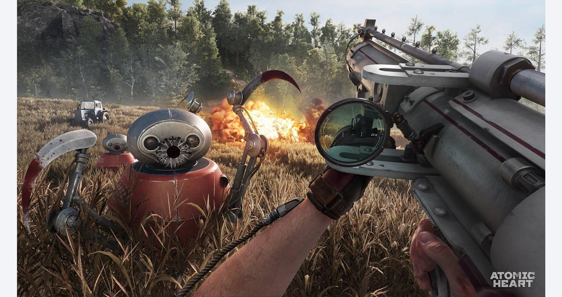 Robotic combat scene from Atomic Heart: Ultimate Edition with explosion in background.