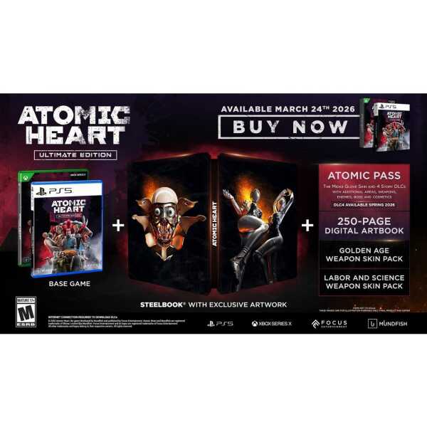 Atomic Heart Ultimate Edition game bundle with Steelbook, artbook, and DLC.