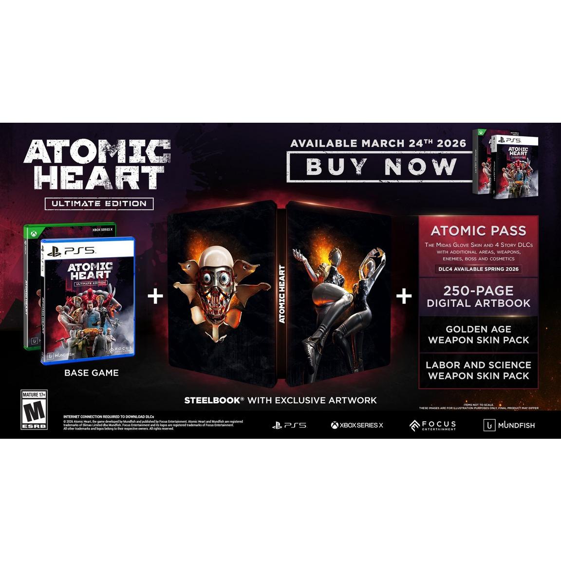 Atomic Heart Ultimate Edition game bundle with Steelbook, artbook, and DLC.