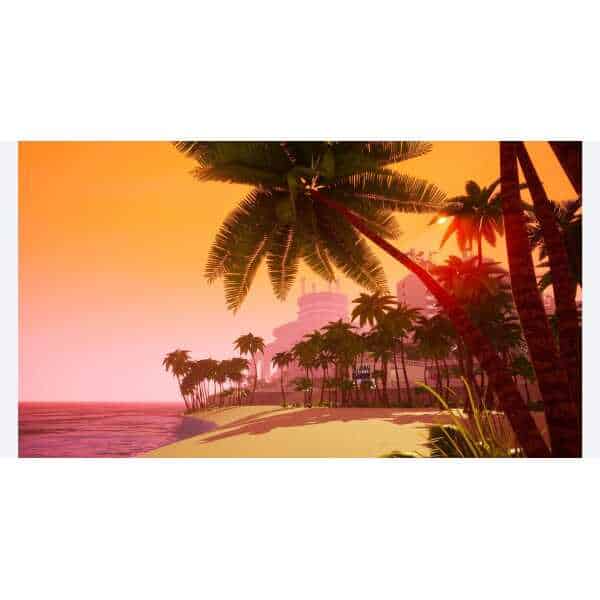 Sunset over a tropical beach with palm trees and calm ocean waters, creating a relaxing and scenic a.