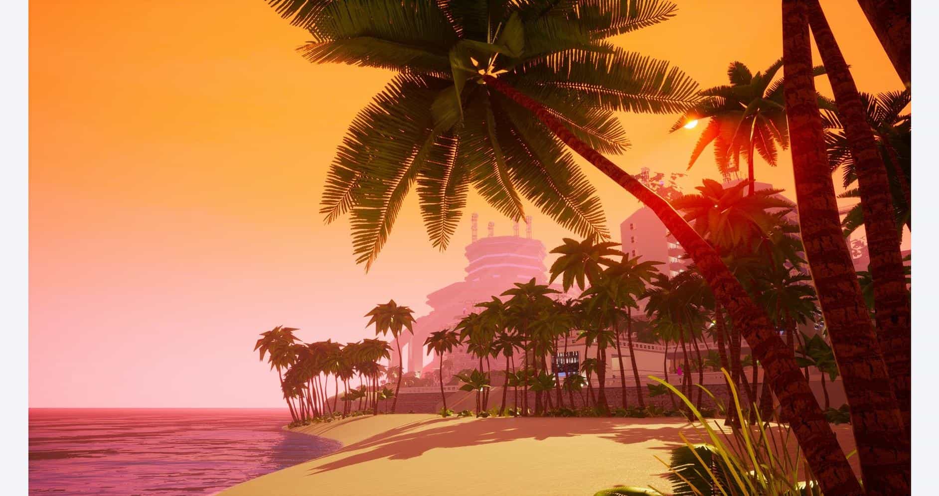 Sunset over a tropical beach with palm trees and calm ocean waters, creating a relaxing and scenic a.