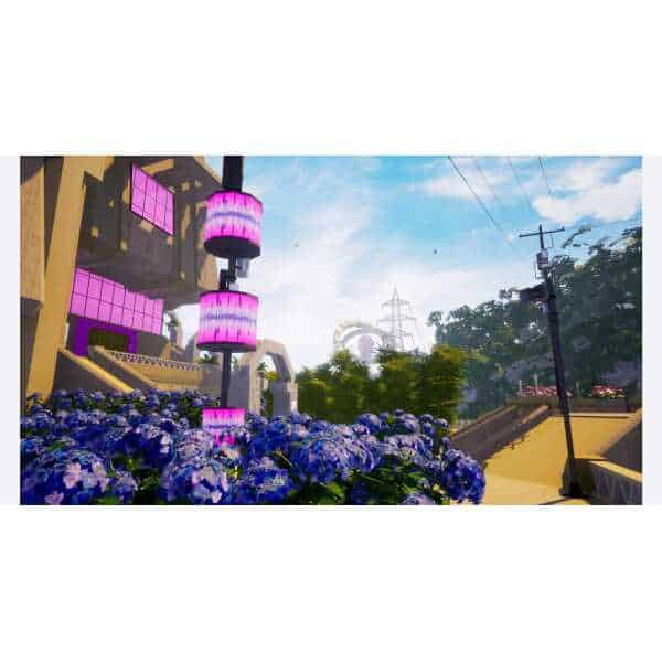 Futuristic city scene with vibrant pink and purple digital billboards, modern architecture, and lush.