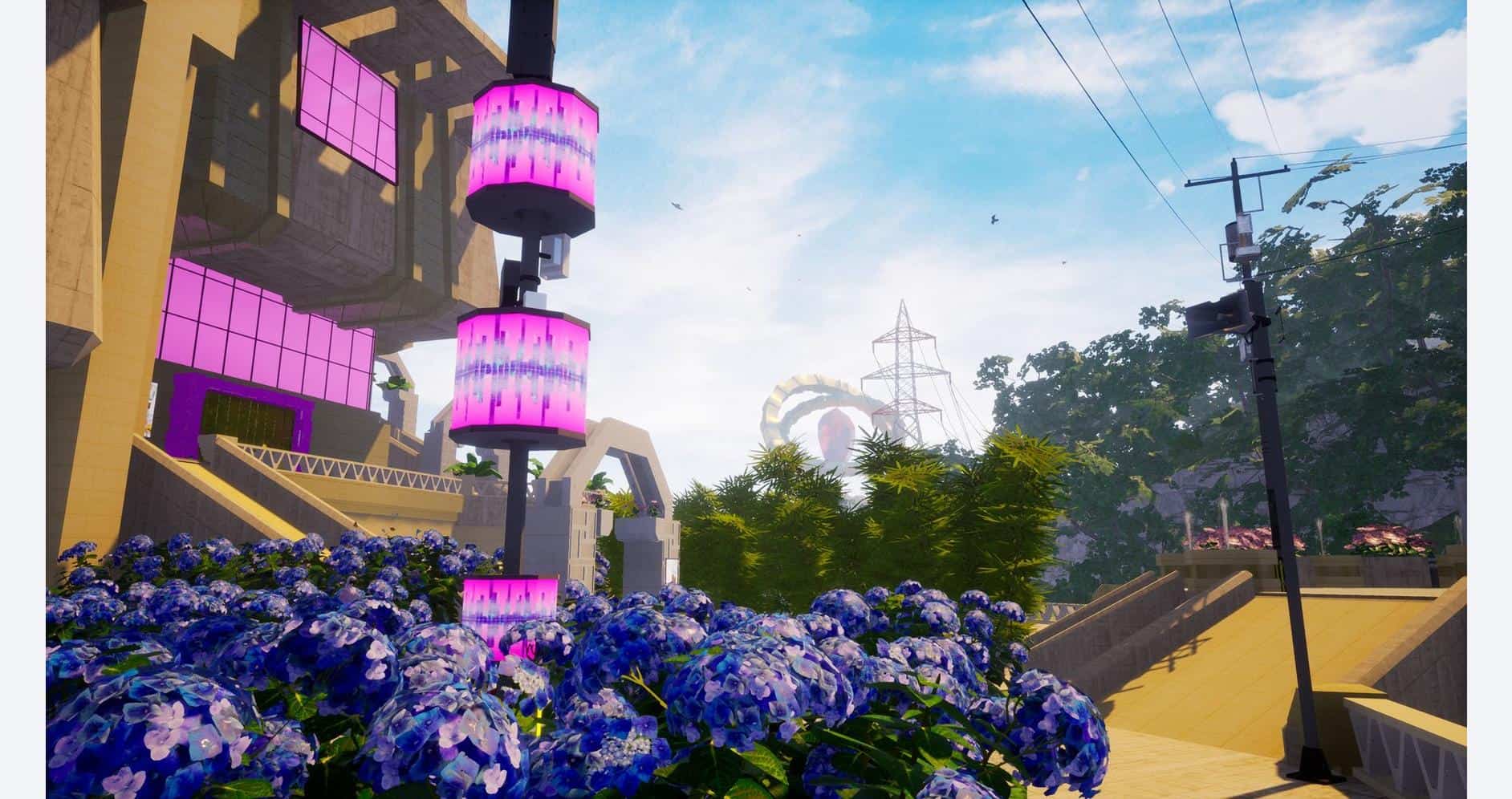 Futuristic city scene with vibrant pink and purple digital billboards, modern architecture, and lush.