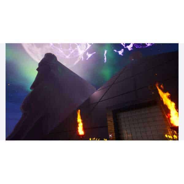 Futuristic gaming and technology hub with a giant head sculpture, lightning, and fire effects, showc.