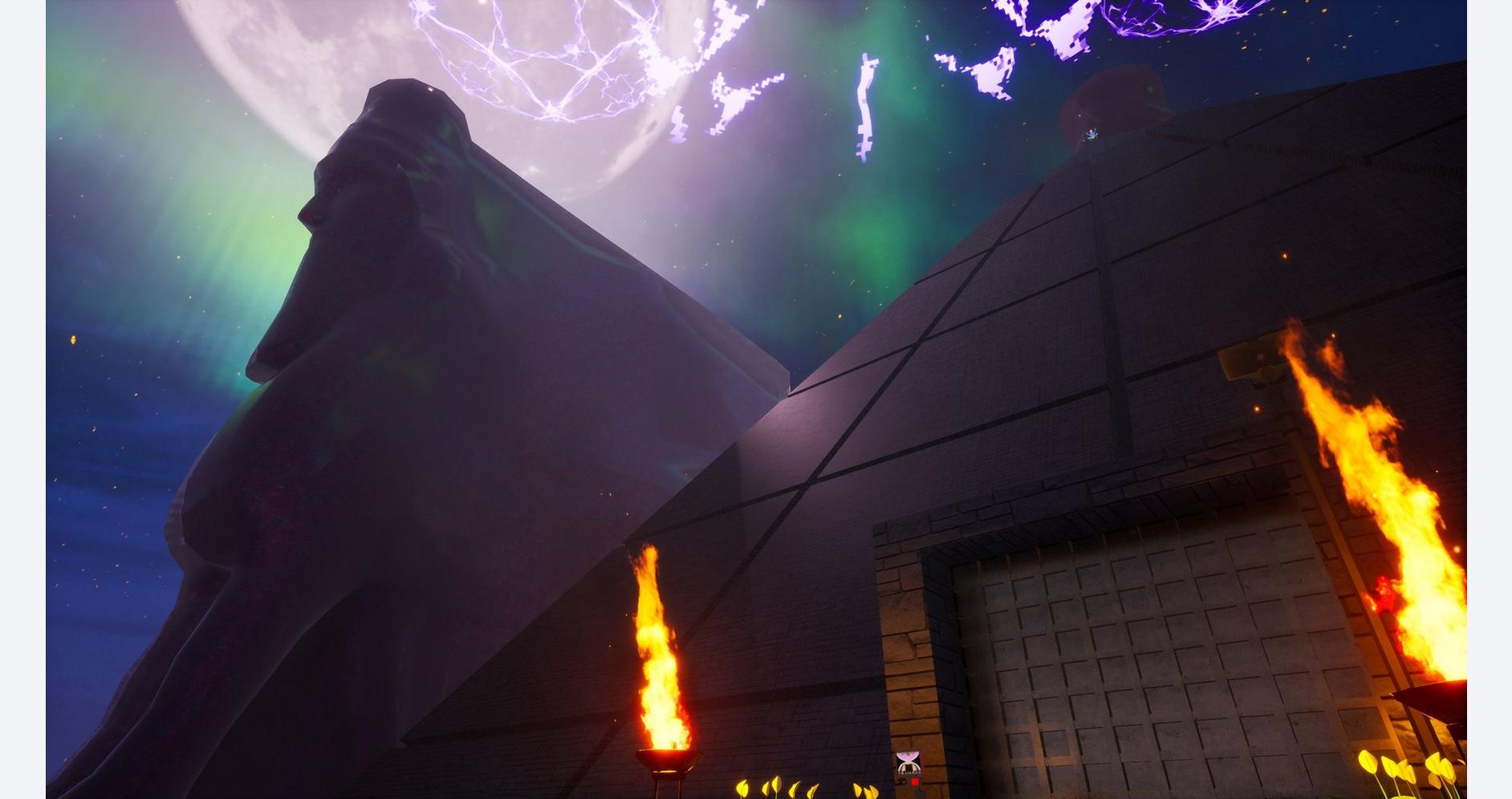Futuristic gaming and technology hub with a giant head sculpture, lightning, and fire effects, showc.