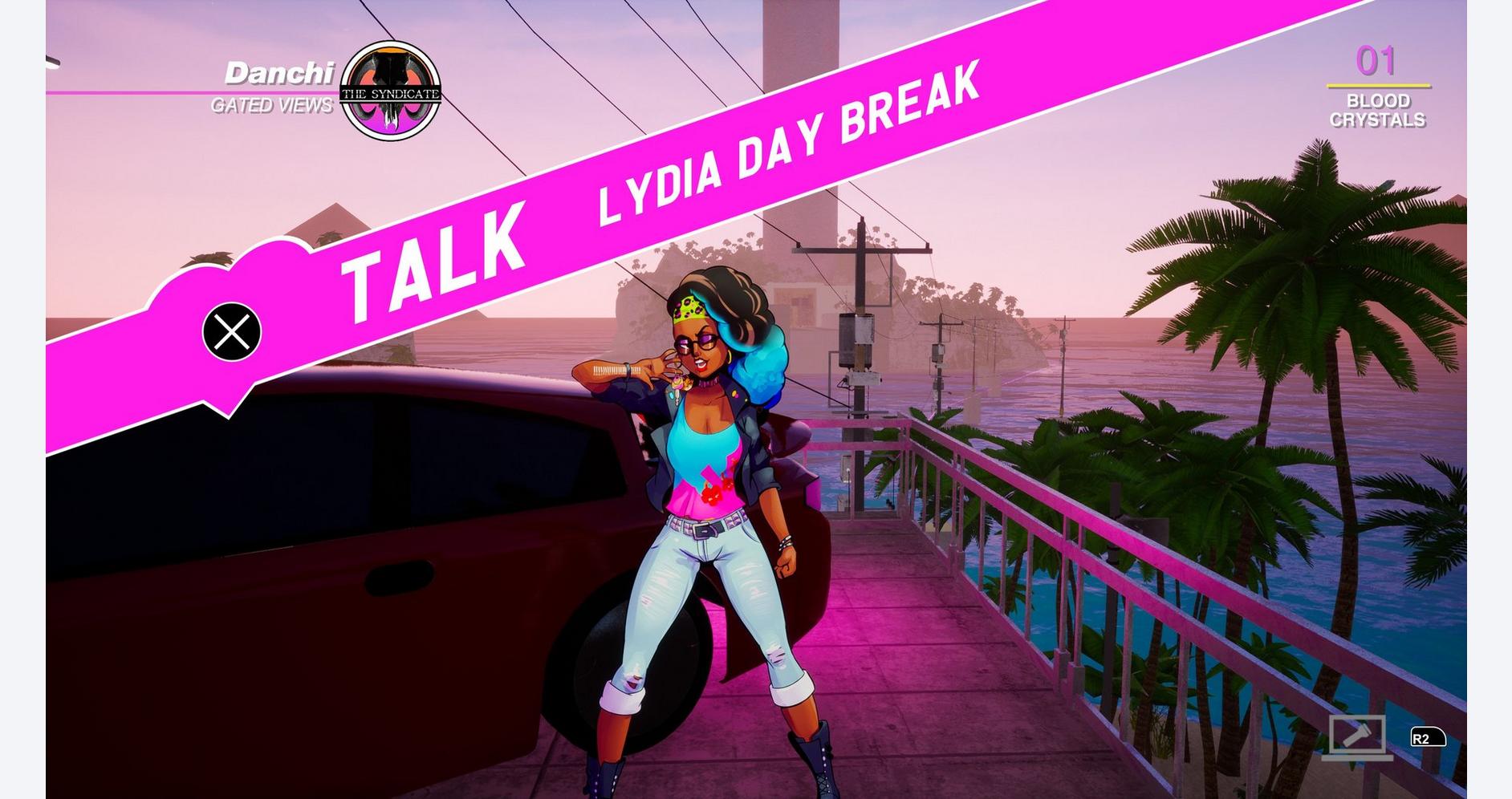 Virtual character Lydia from Gameware in a colorful urban setting.