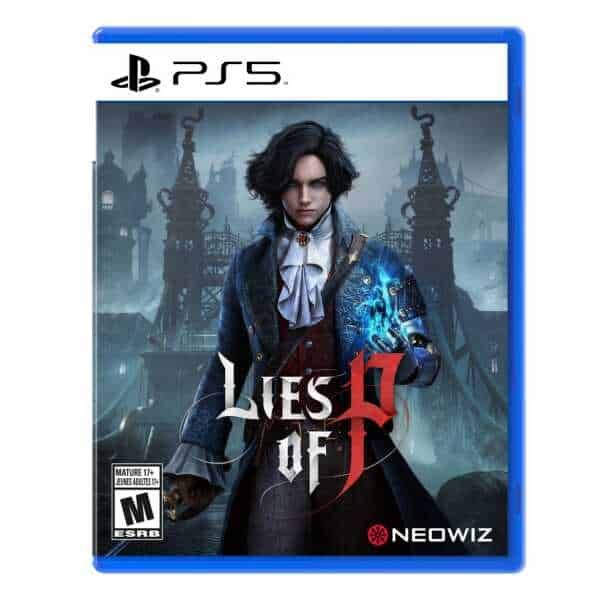 Lies of P PS5 game cover featuring a dark, gothic character in a mysterious cityscape.