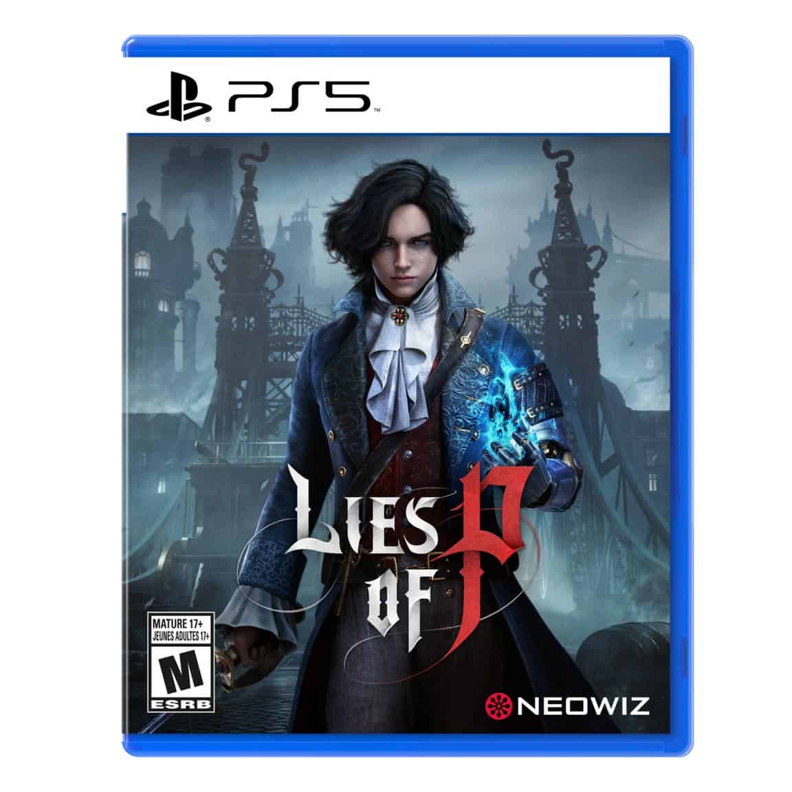 Lies of P PS5 game cover featuring a dark, gothic character in a mysterious cityscape.