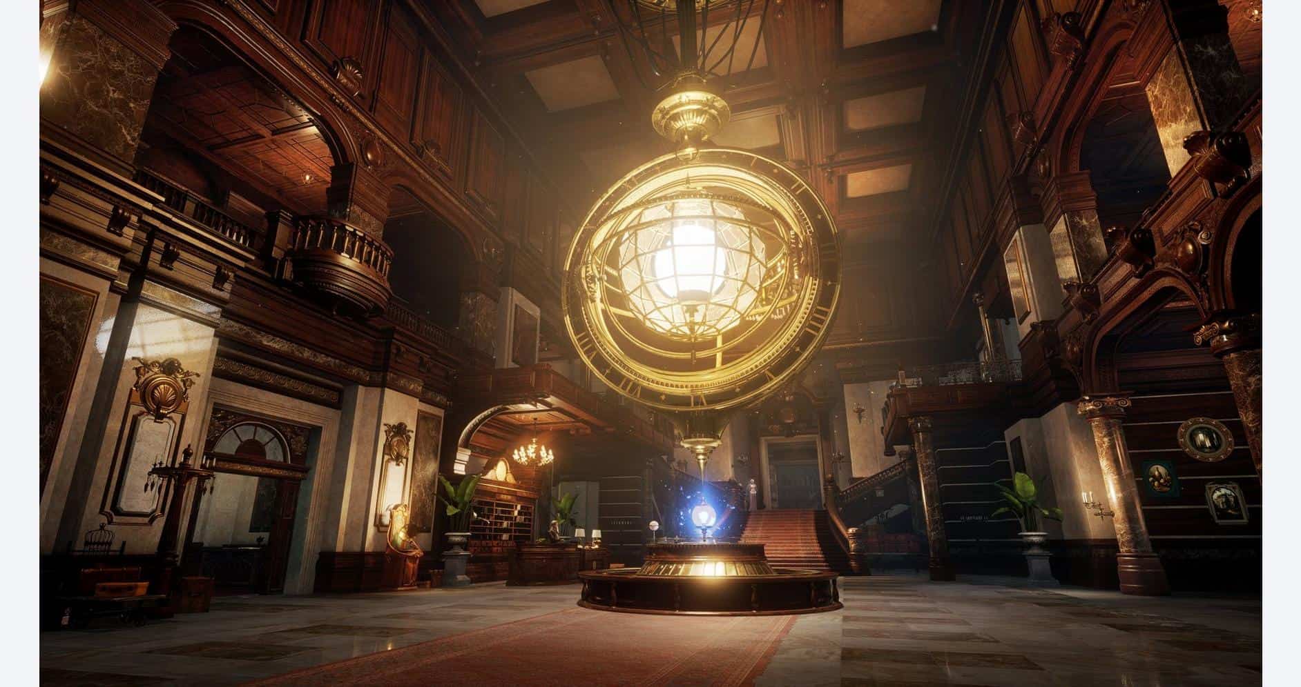 Opulent hotel lobby featuring grand chandeliers, intricate woodwork, and sophisticated interior desi.