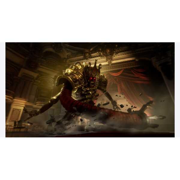 Large armored monster with glowing red eyes attacking in a grand hall.